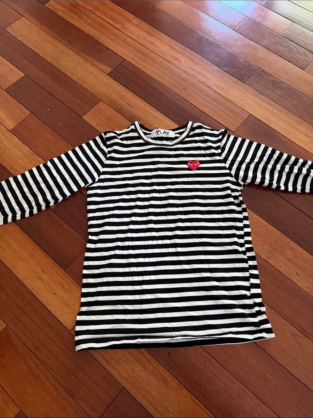 Comme des Garcons PLAY Black & White Striped Long Sleeve Tee with Red Heart